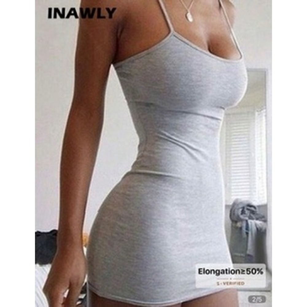 INAWLY Bodycon Mini Dress Size S Grey Spaghetti Strap Jersey Knit Casual